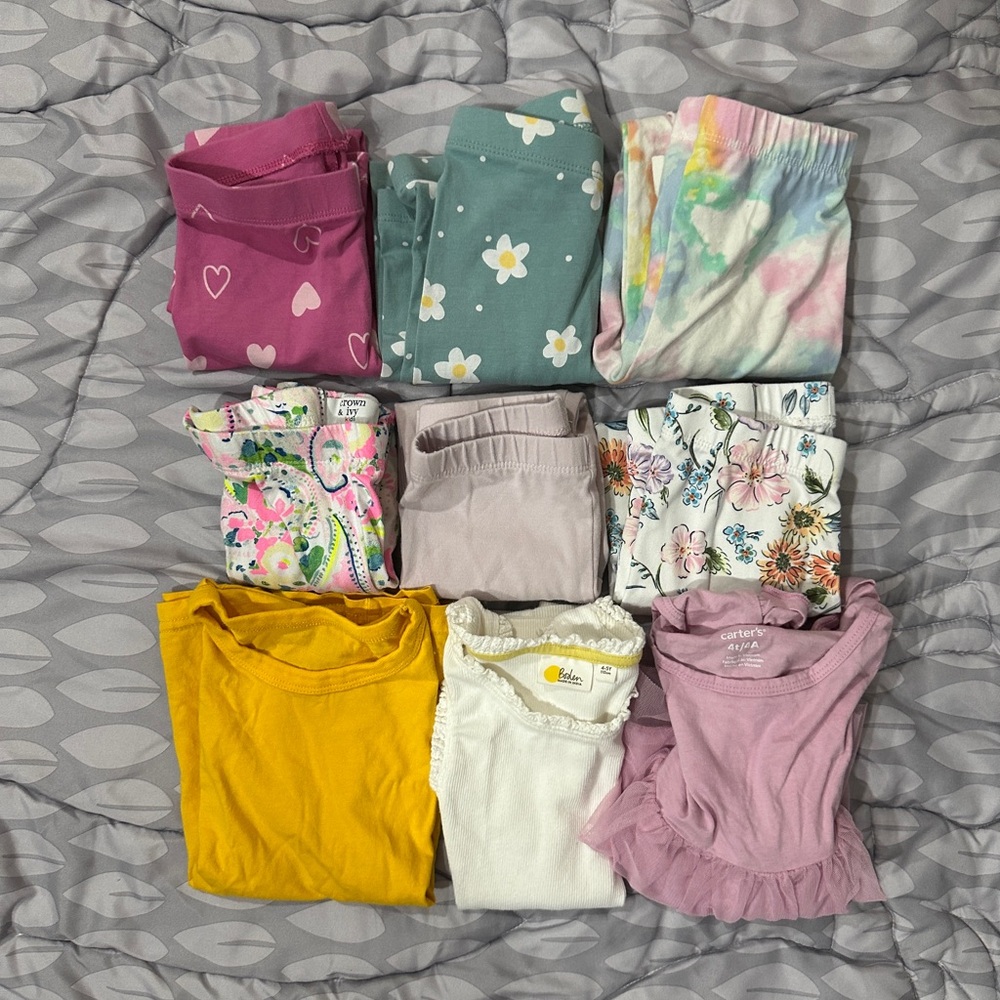 Lot (9 pieces) of Girls size 4/4t colorful tops and leggings
